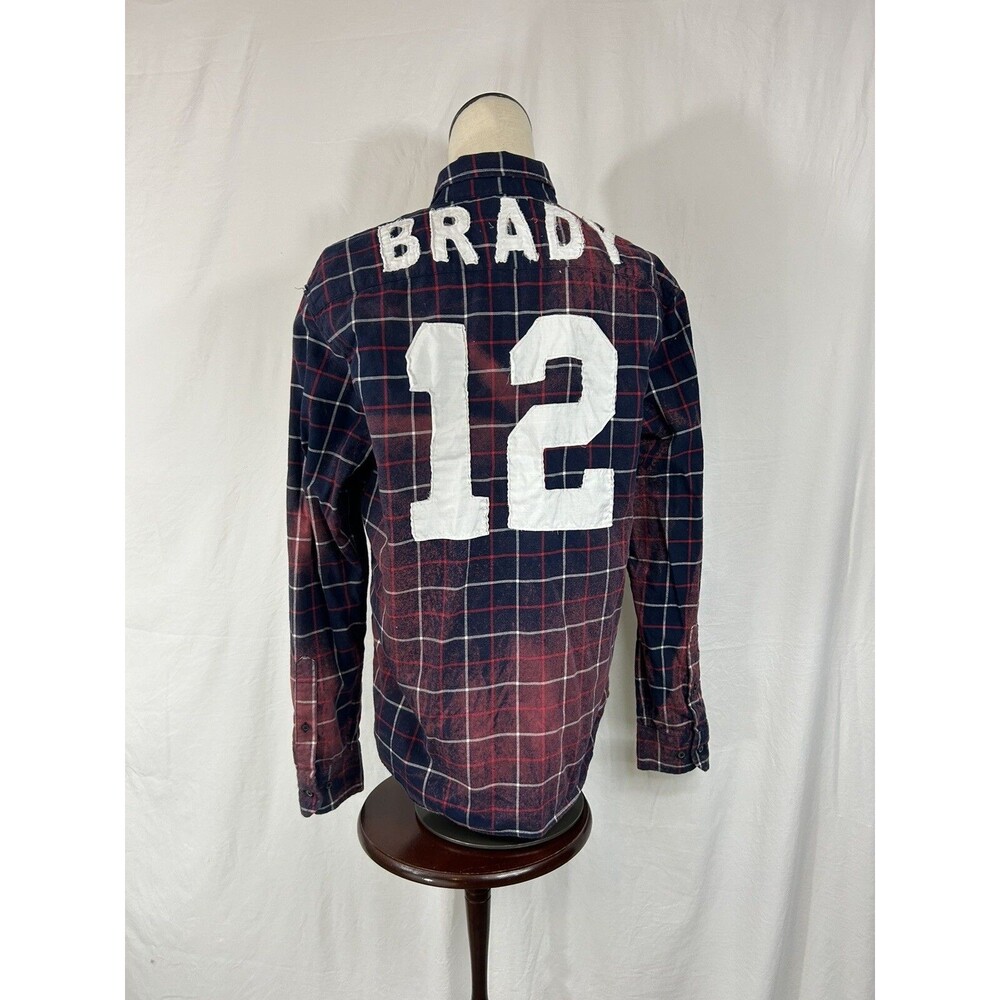 Upcycled NFL Patriots Distressed Flannel Shirt Brady Bleached Boston Size M